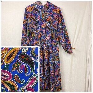 Vintage Schrader Long Sleeve Pleated Midi Dress Womens 14‎ Paisley Secretary 70s